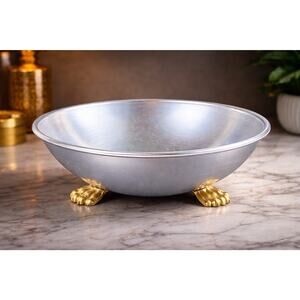 Vintage Italian Bowl Brass Claw Foot Lion Paw Base 12” Silver Centerpiece MCM